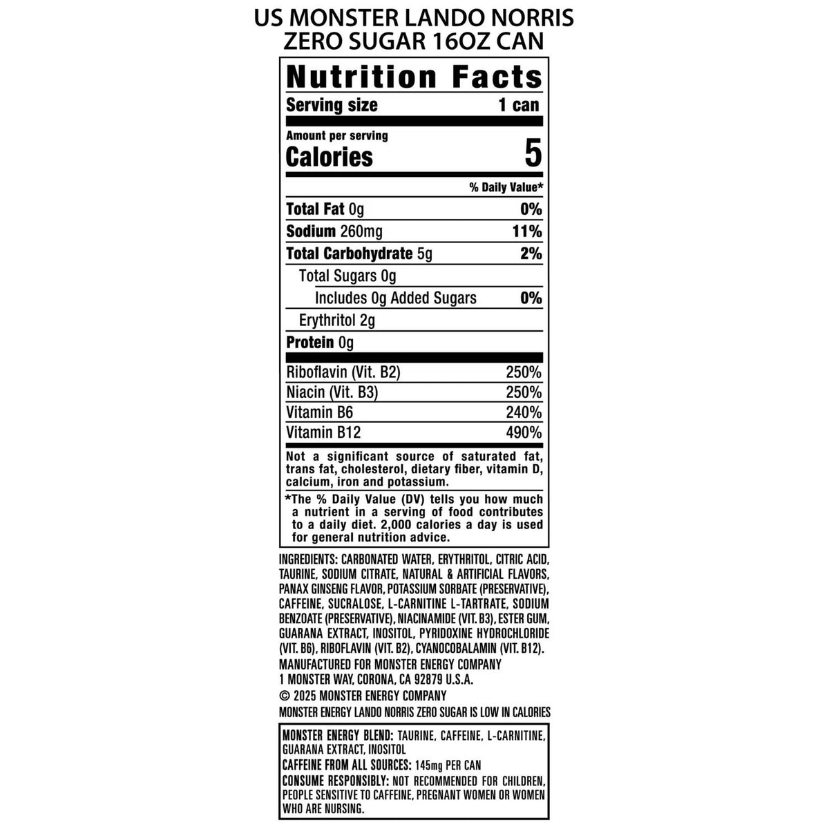 Monster Energy Zero Sugar, Lando Norris, Sugar Free Energy Drink, 16 fl. oz., 24 pk.