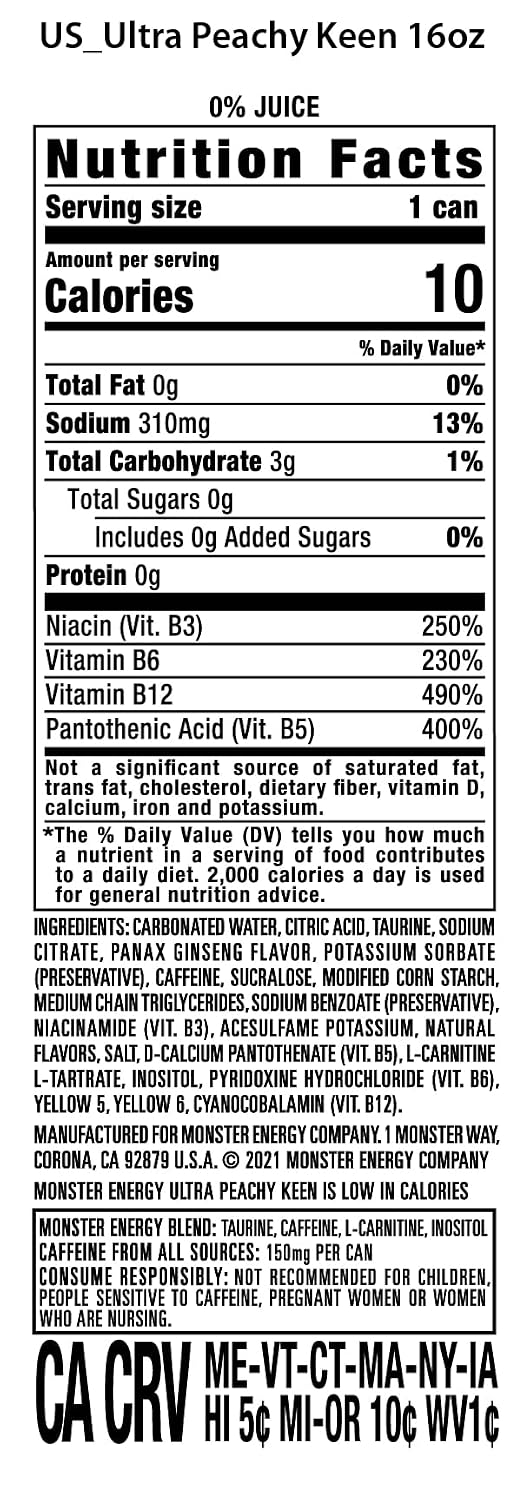 Monster Energy Ultra Peachy Keen, Sugar Free Energy Drink, 16oz 24 Pack