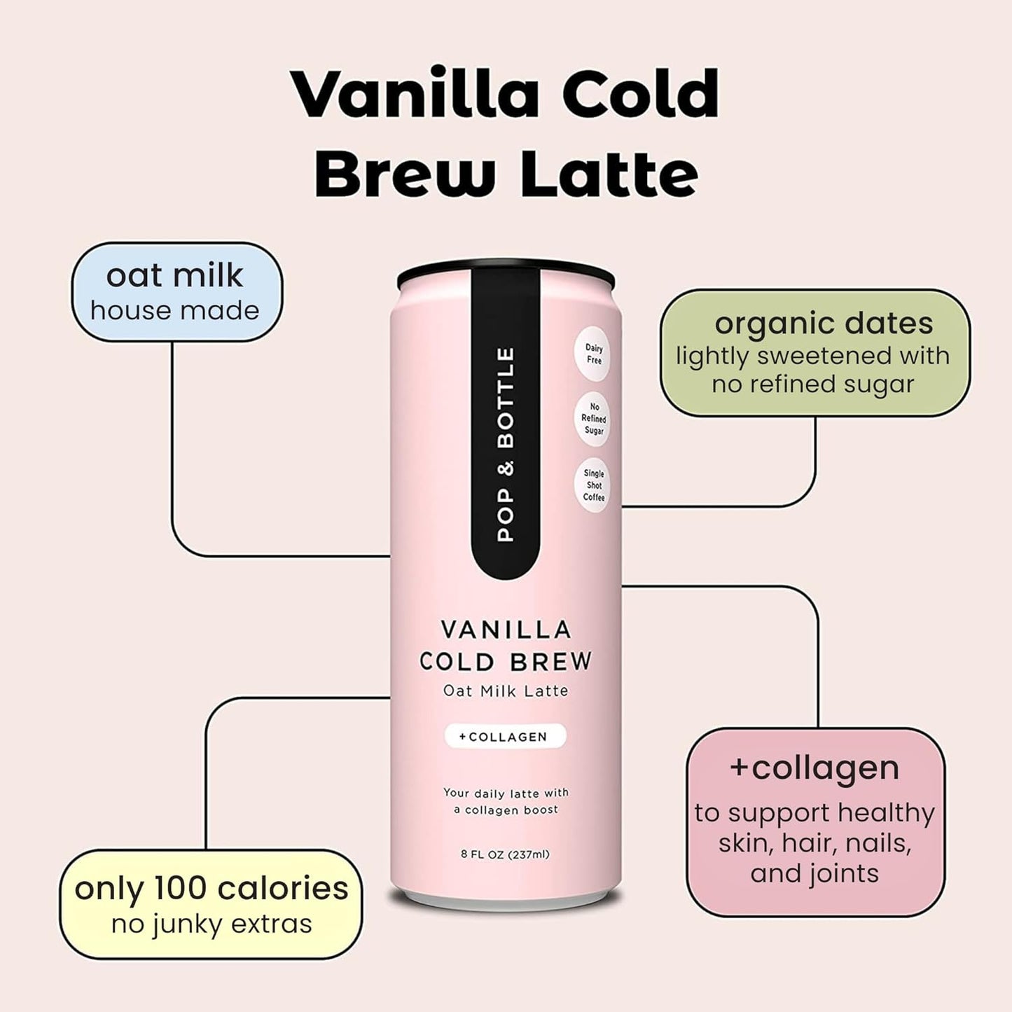 Pop & Bottle Vanilla Oat Milk Latte + Collagen, Organic, Shelf-Stable/ Ambient, 8 fl oz (Pack of 12)