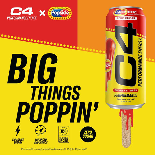 Cellucor C4 Energy Drink x | POPSICLE Cherry | Pre Workout | 16 Fl Oz (12 Pack)