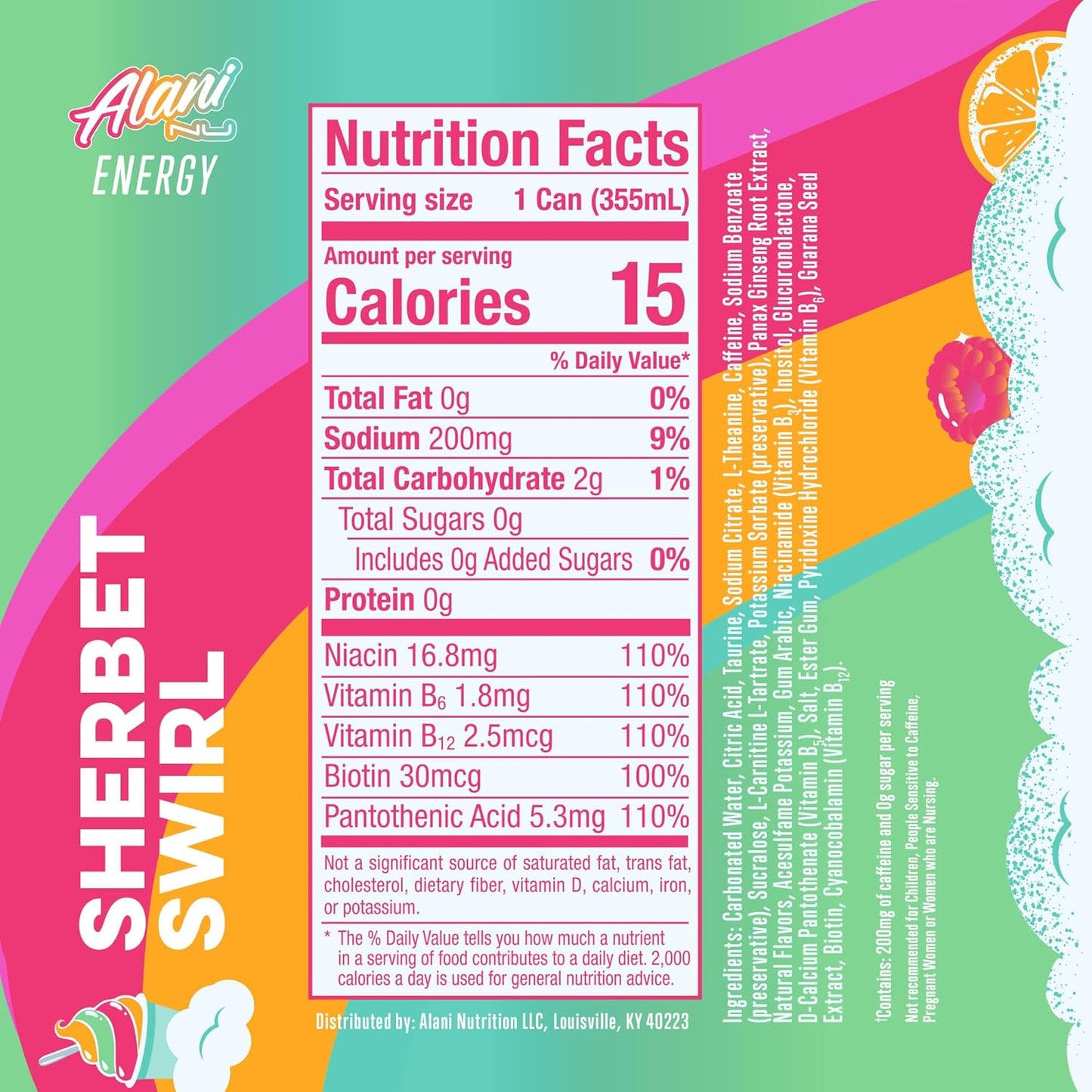 Alani Nu SHERBET SWIRL 24 Pack Sugar Free, Low Calorie Energy Drinks, 12 Fl Oz Cans