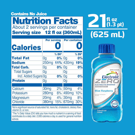 Electrolit Electrolyte Hydration & Recovery Drink, ZERO Blue Raspberry 21 oz Pack of 12