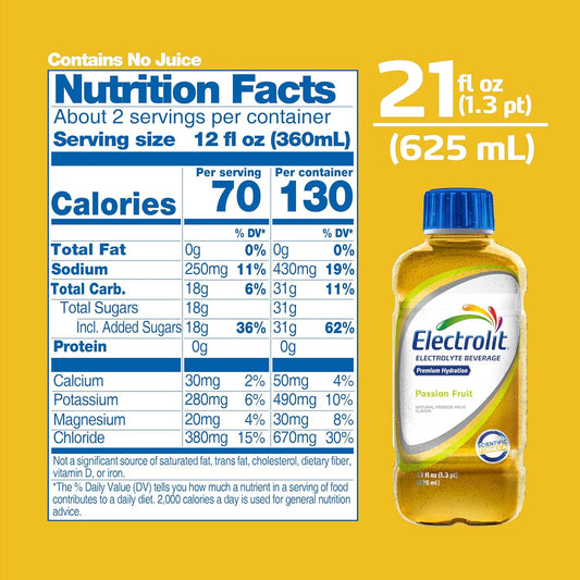 Electrolit Electrolyte Hydration & Recovery Drink, Passion Fruit 21 oz Pack of 12