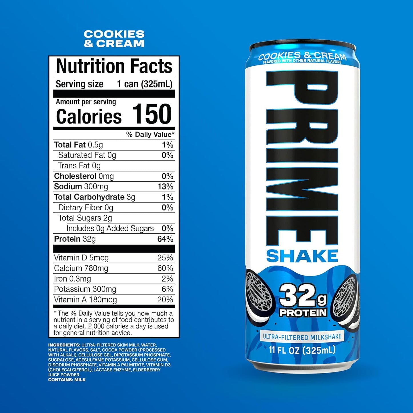 PRIME Cookies and Cream Protein Shake bottle close-up, lactose-free ready to drink