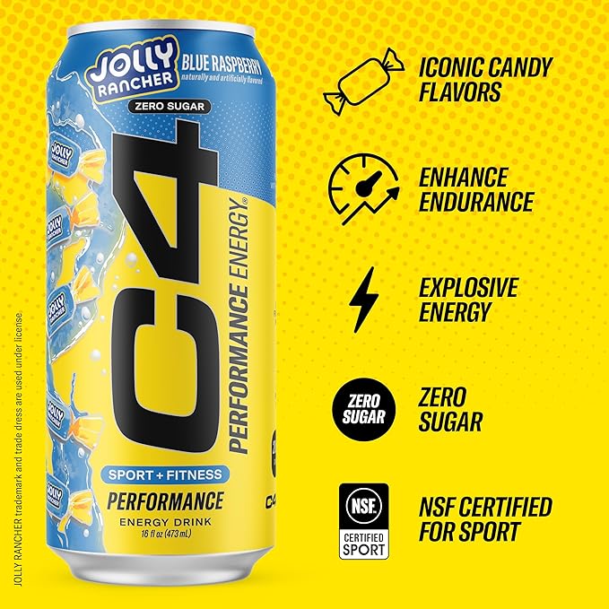 Cellucor C4 Performance Energy Drink | JOLLY RANCHER Blue Raspberry | Preworkout | 16 Fl Oz (12 Pack)