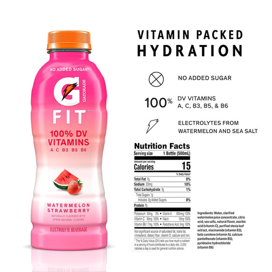 Gatorade Fit Electrolyte Beverage, Healthy Real Hydration, Watermelon Strawberry, 16.9.oz Bottles (12 Pack)