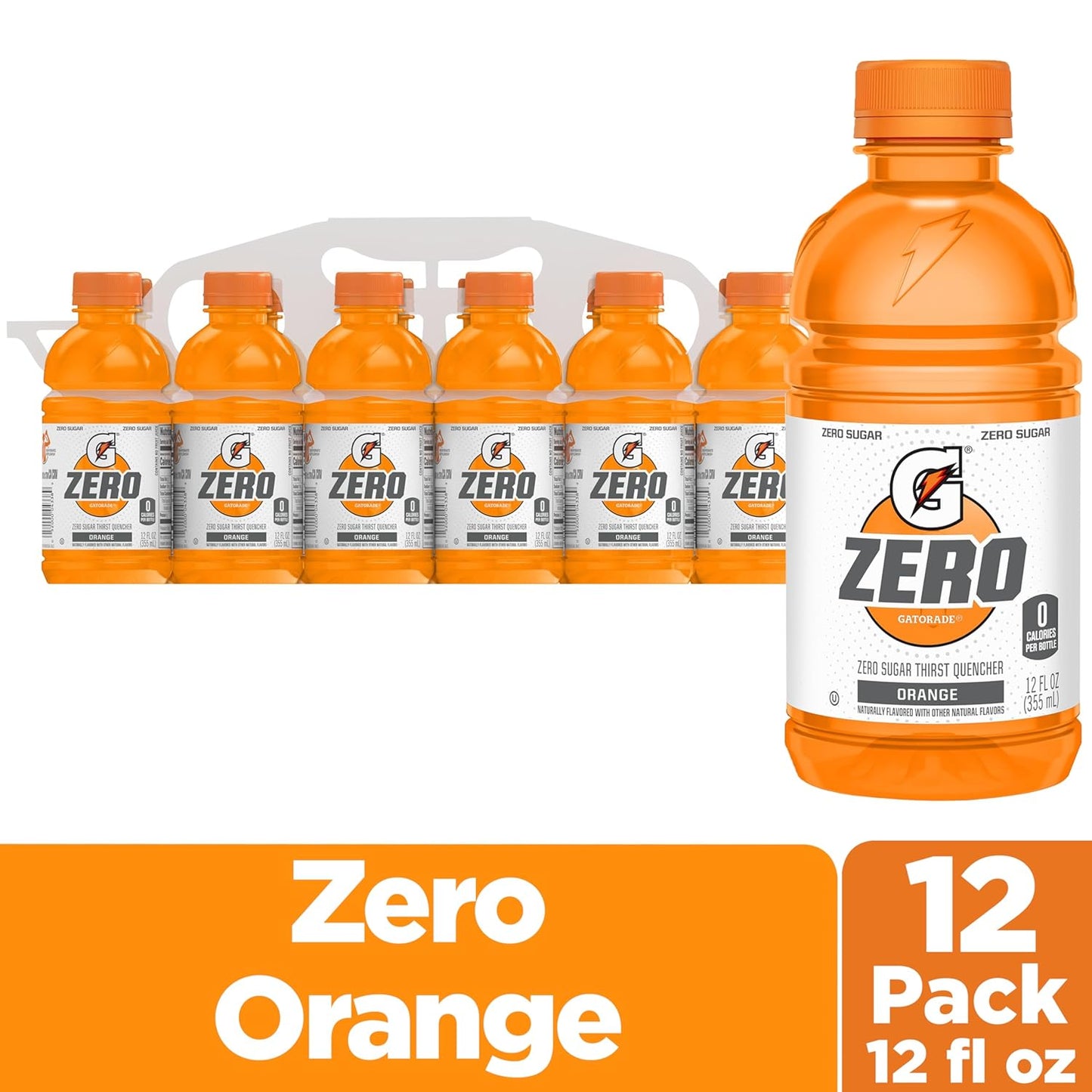 Gatorade Thirst Quencher Zero Sugar Sports Drink, Orange, Electrolytes for Rehydration 12oz Bottles, 12 Pack