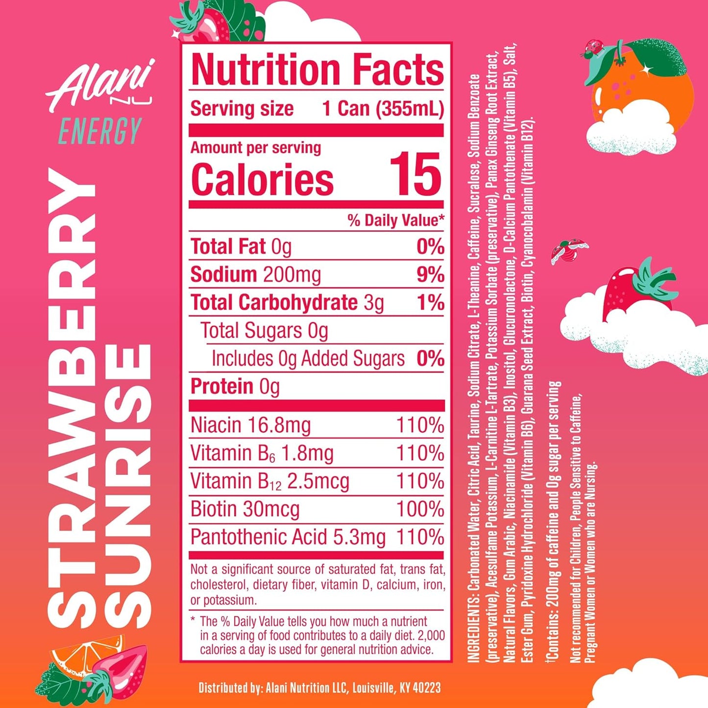 Alani Nu STRAWBERRY SUNRISE Sugar Free, Low Calorie Energy Drinks, 12 Fl Oz Can, 12 Pack