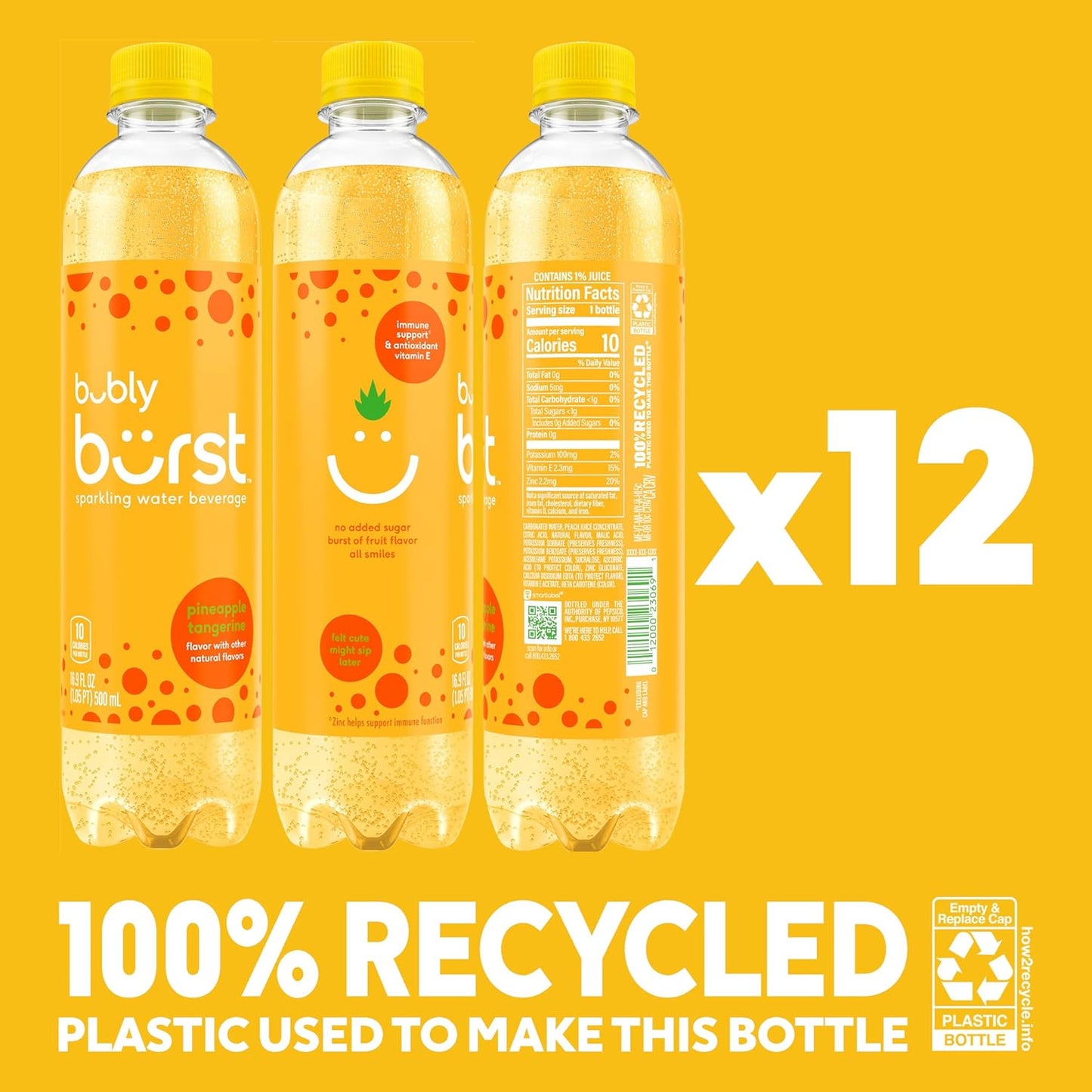 bubly burst Sparkling Water - Pineapple Tangerine - 12 Pack - 16.9 fl oz Bottles
