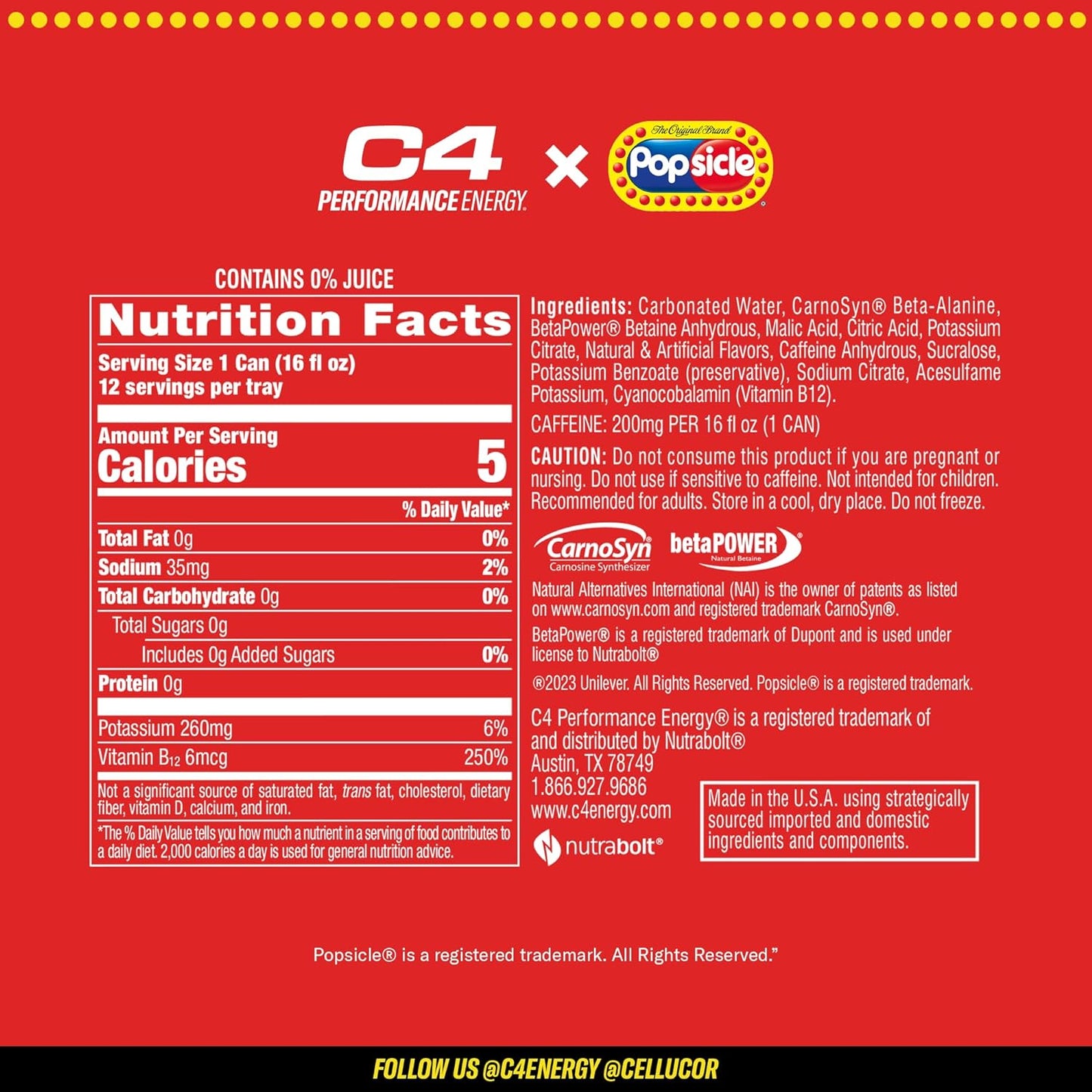 Cellucor C4 Energy Drink x | POPSICLE Cherry | Pre Workout | 16 Fl Oz (12 Pack)