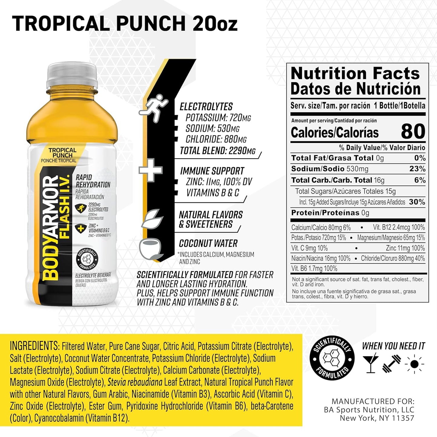 BODYARMOR Flash IV Tropical Punch Electrolyte Hydration Sports Drink (12 Pack)