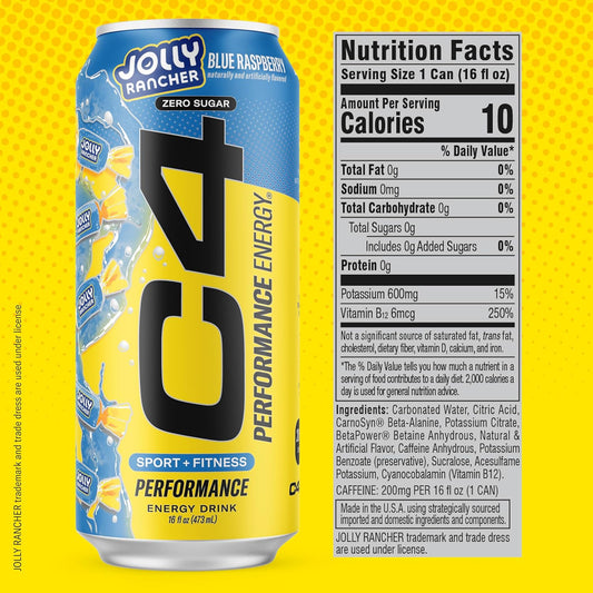 Cellucor C4 Performance Energy Drink | JOLLY RANCHER Blue Raspberry | Preworkout | 16 Fl Oz (12 Pack)