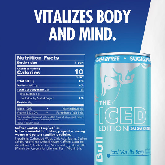 Red Bull Iced Vanilla Berry Sugar Free can showing 80mg caffeine and flavor