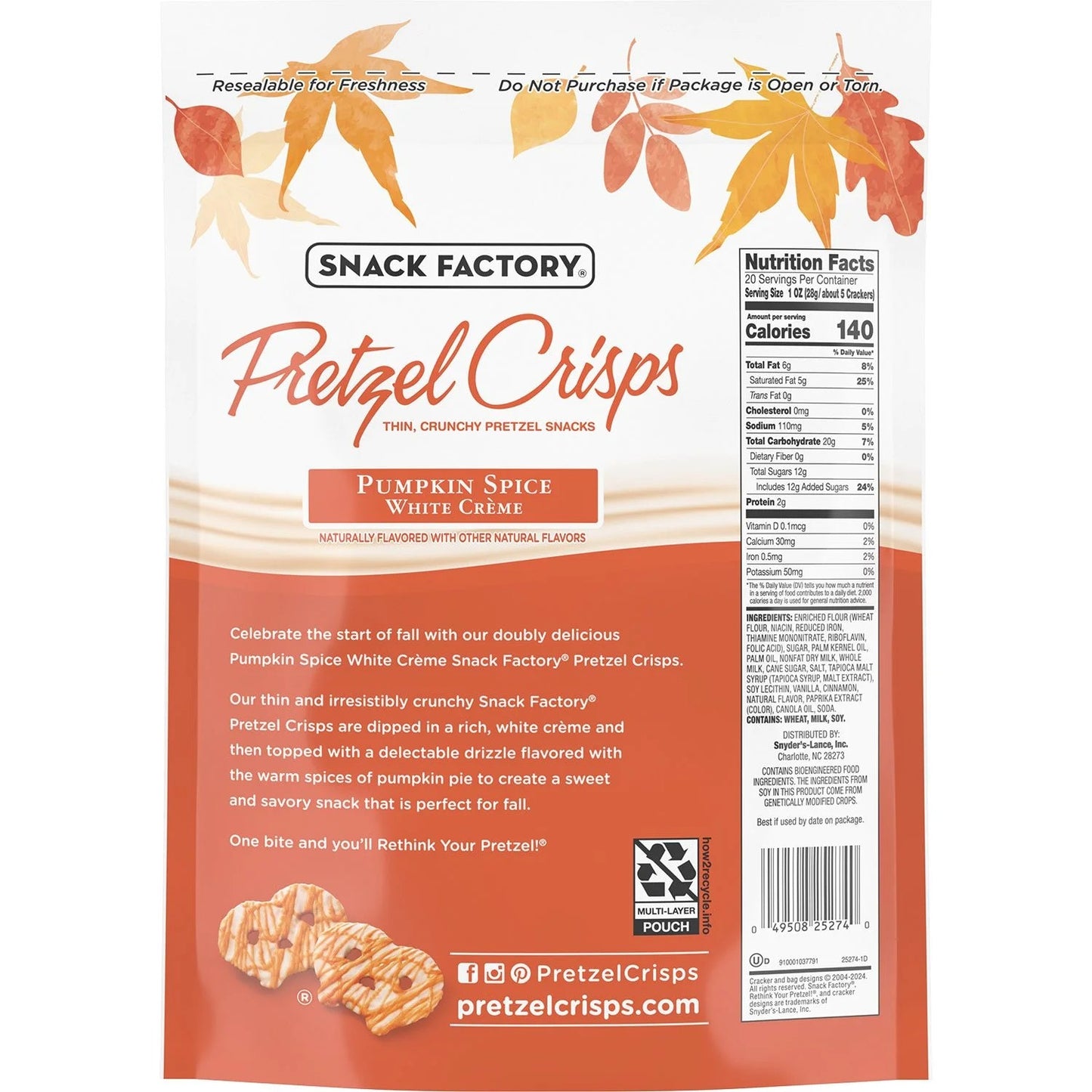Snack Factory Pumpkin Spice Pretzel Crisps - 20 oz. Bag, White Creme & Drizzle