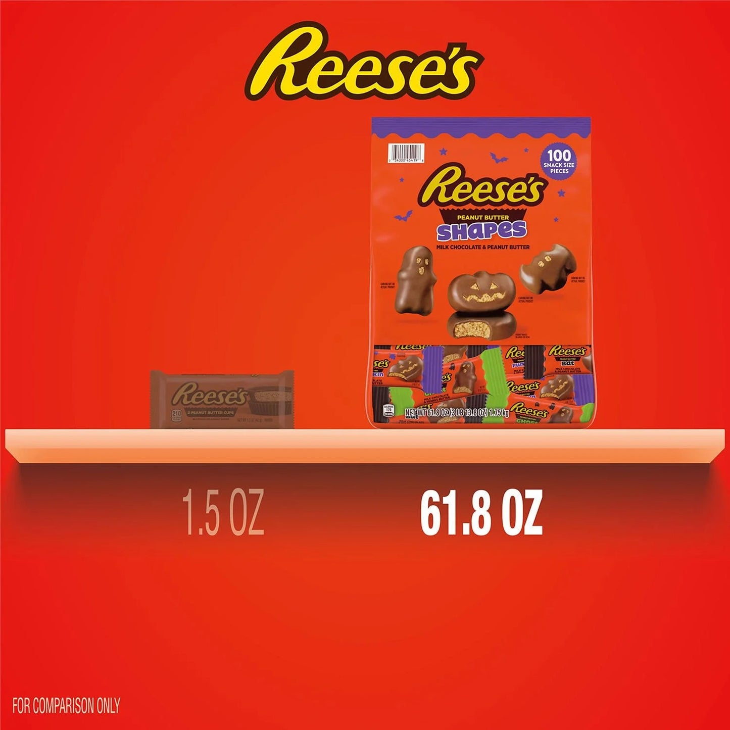 REESE'S Halloween Milk Chocolate Peanut Butter Shapes Candy, Snack Size, 100 pcs