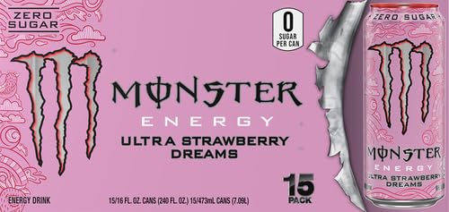 Monster Energy Ultra Strawberry Dreams, Pink Monster Drink, 16 Ounce (Pack of 15)