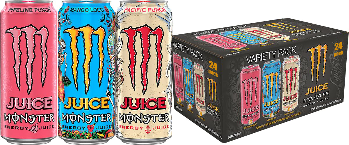 Monster Energy Juice Monster Variety Pack, Pipeline Punch, Mango Loco, Pacific Punch, Energy+Juice, Energy Drink, 16 Ounce (Pack of 24)
