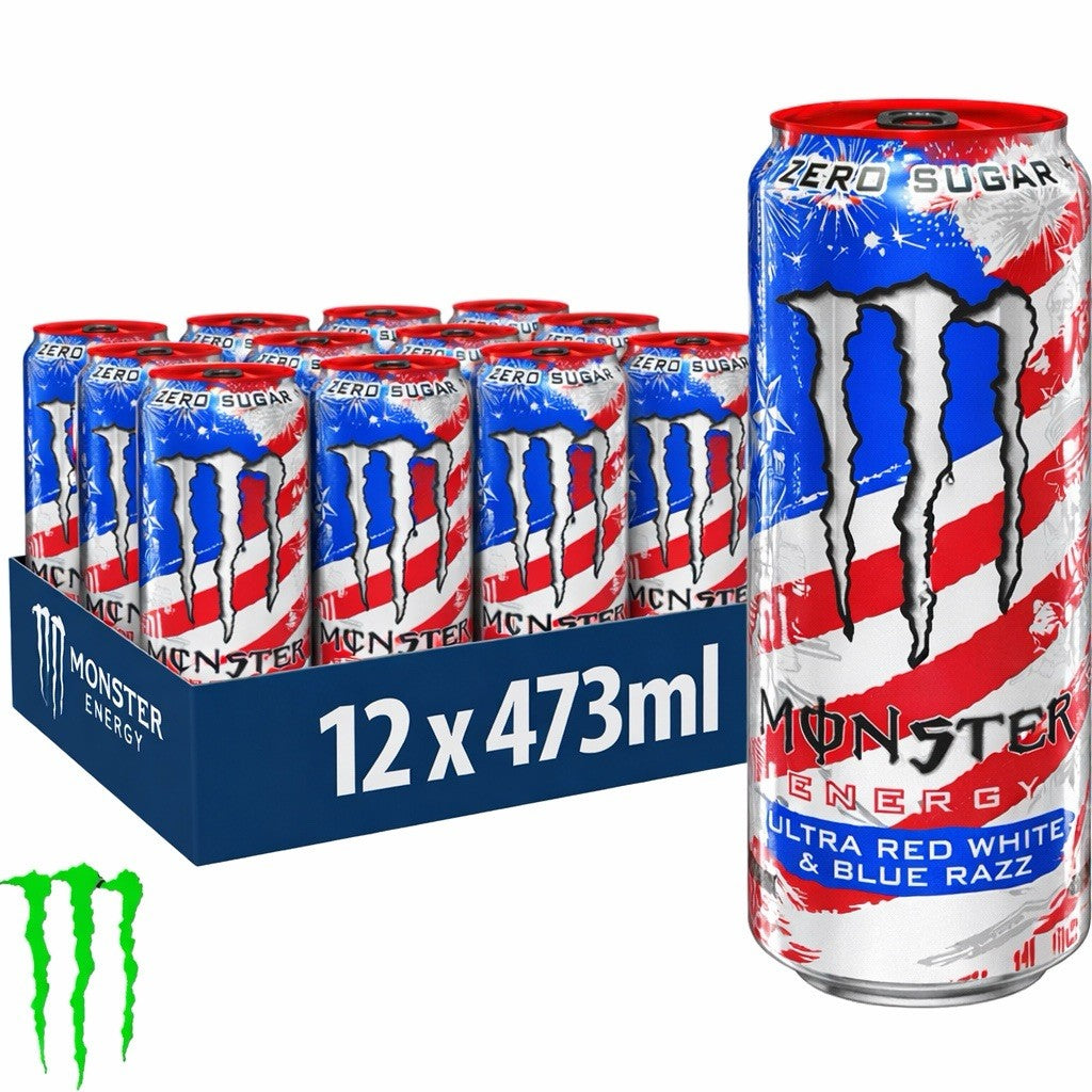 Monster Energy Ultra Red White & Blue Razz, Zero Sugar Energy Drink, 16 fl oz Cans (12 Pack)