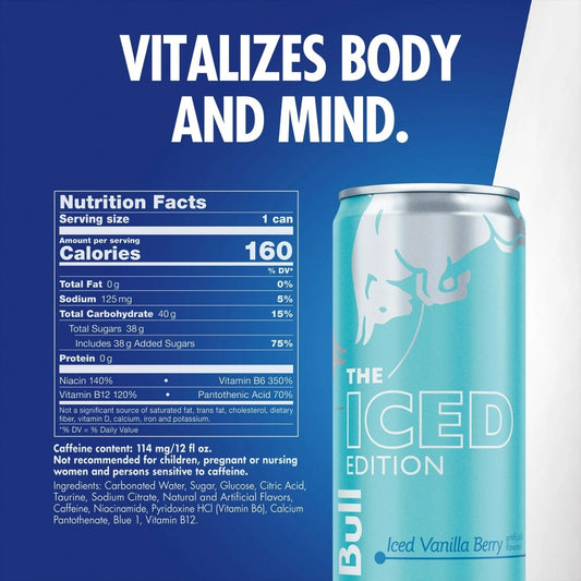 Red Bull Iced Vanilla Berry Sugar-Free can showing 114mg caffeine and flavor