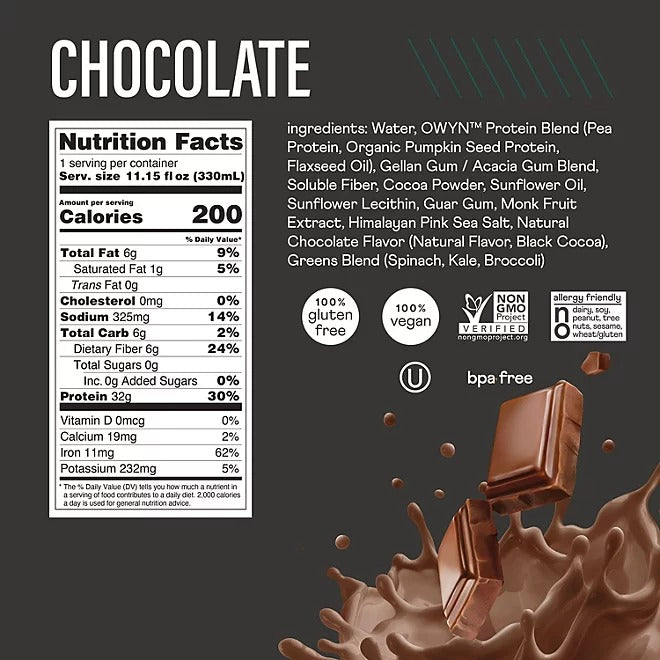 OWYN Pro Elite 32g Keto Plant Protein Shake, Chocolate 11.15 fl. oz., 15 Pack.