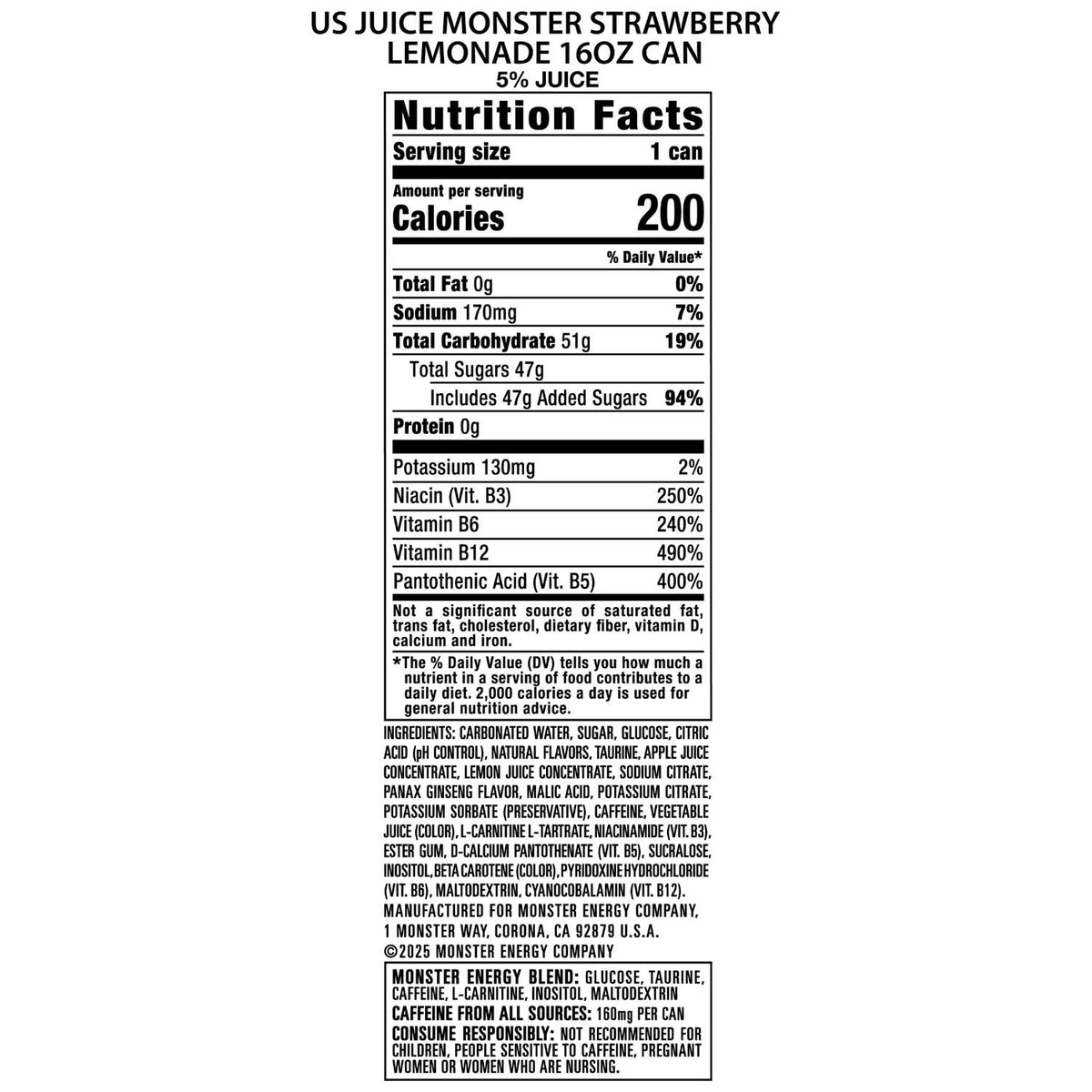 Monster Energy Juice, Strawberry Lemonade, Juice + Energy Drink, 16 fl. oz., 24 pk.