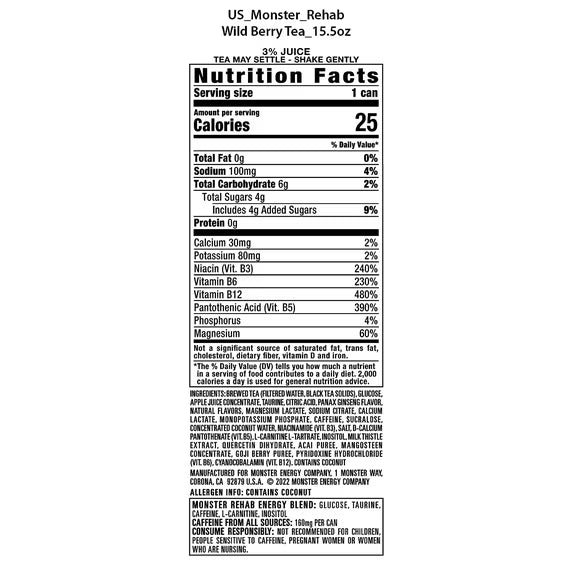 Monster Rehab Wild Berry Tea, 16 Oz Cans - Pack of 24