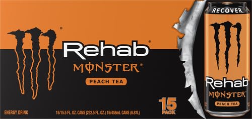 Monster Energy Rehab Peach Tea + Energy, Energy Iced Tea, Energy Drink, 15.5 Ounce (Pack of 15)