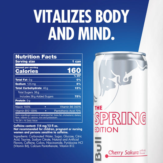 Red Bull Cherry Sakura can showing 114mg caffeine and flavor