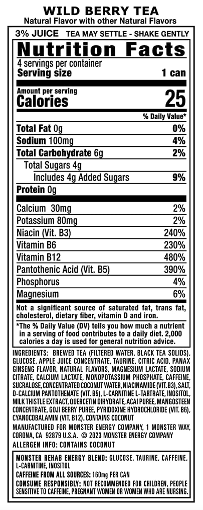 Monster Rehab Wild Berry Tea + Energy, Energy Iced Tea, Energy Drink, 15.5 Ounce (Pack of 15)