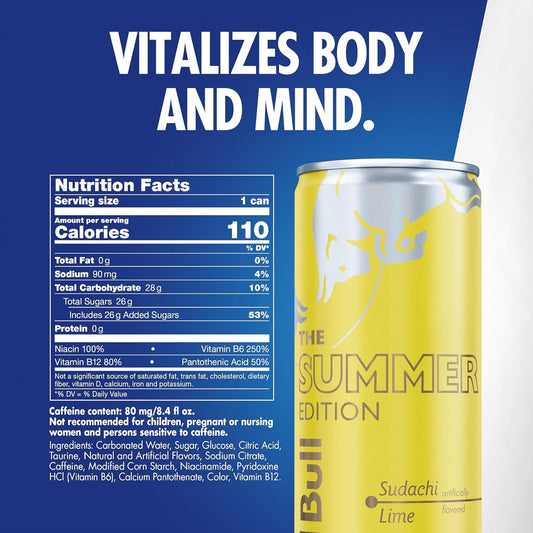 Red Bull Sudachi Lime can close-up showing 80mg caffeine and citrus flavor