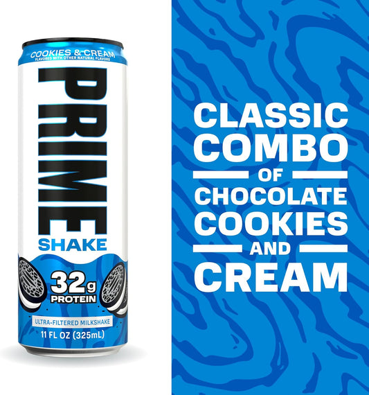 PRIME Cookies and Cream Protein Shake nutrition label showing 32g protein