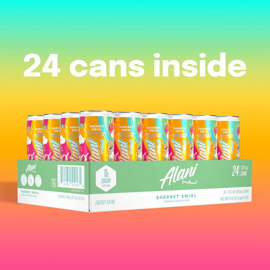 Alani Nu SHERBET SWIRL Sugar Free, Low Calorie Energy Drinks, 12 Fl Oz Cans, 24 Pack