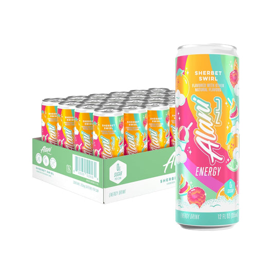 Alani Nu SHERBET SWIRL Sugar Free, Low Calorie Energy Drinks, 12 Fl Oz Cans, 24 Pack