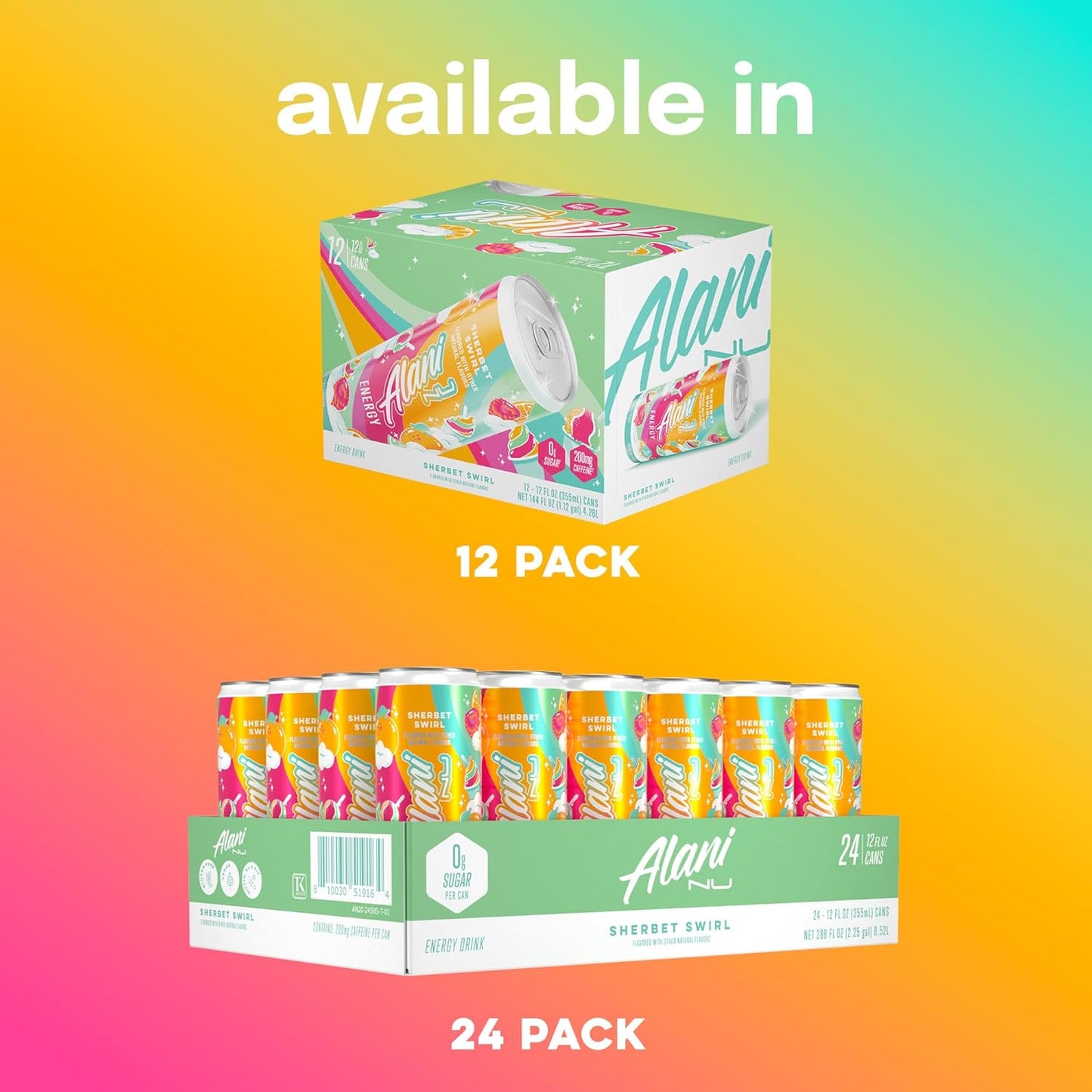 Alani Nu SHERBET SWIRL 24 Pack Sugar Free, Low Calorie Energy Drinks, 12 Fl Oz Cans