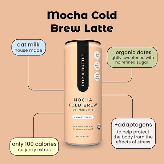 Pop & Bottle Mocha Oat Milk Latte + Adaptogens, Organic, Shelf-Stable/ Ambient, 8 fl oz (Pack of 12)