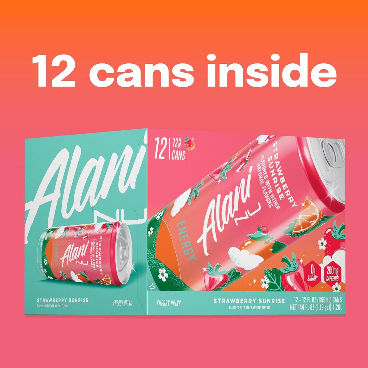 Alani Nu STRAWBERRY SUNRISE Sugar Free, Low Calorie Energy Drinks, 12 Fl Oz Can, 12 Pack