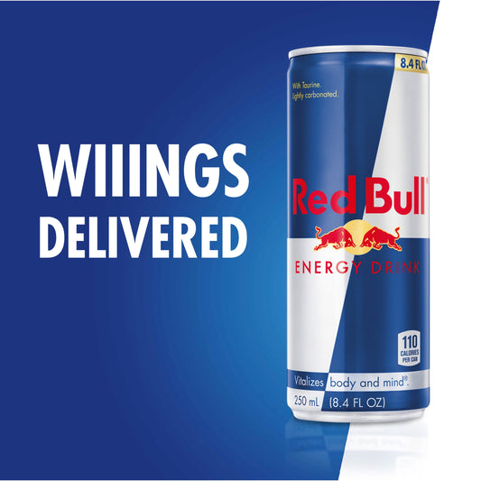 Red Bull Energy Drink can showing 80mg caffeine and classic flavor