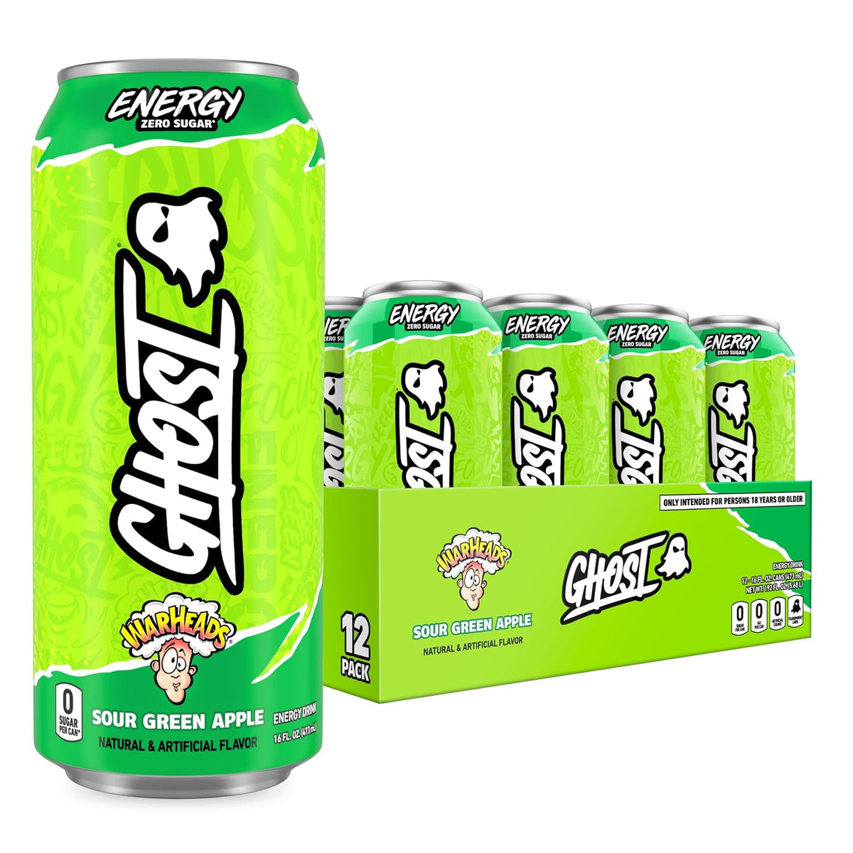GHOST Energy Drink Warheads Sour Green Apple 12-Pack 16oz cans