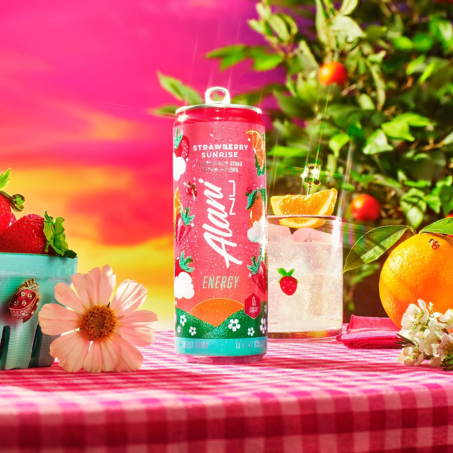 Alani Nu STRAWBERRY SUNRISE Sugar Free, Low Calorie Energy Drinks, 12 Fl Oz Can, 12 Pack