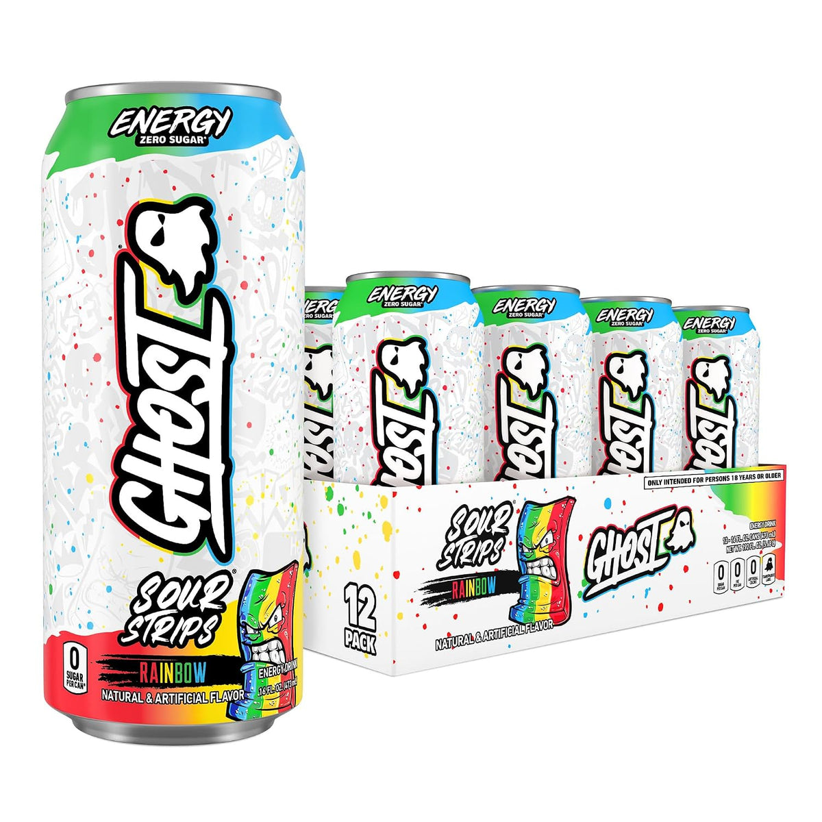 GHOST Energy Drink Sour Strips Rainbow 12-Pack 16oz cans