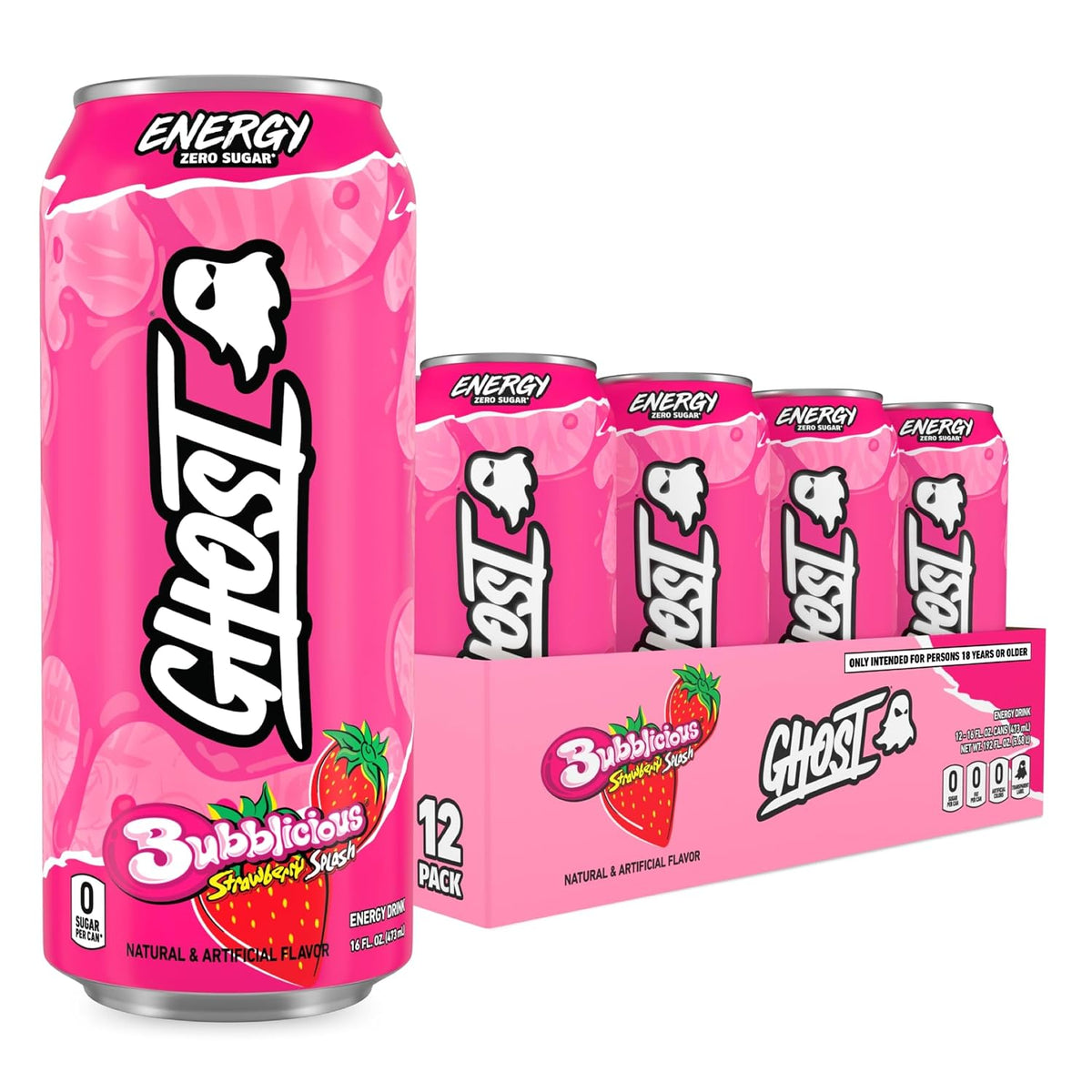 GHOST Energy Drink Bubblicious Strawberry Splash 12-Pack 16oz cans