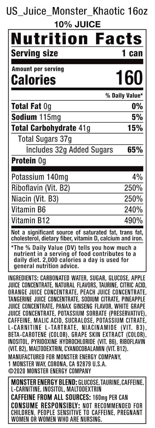 Monster Energy Juice Monster Khaotic Tropical Orange, Energy + Juice, Energy Drink, 16 Ounce (Pack of 15)