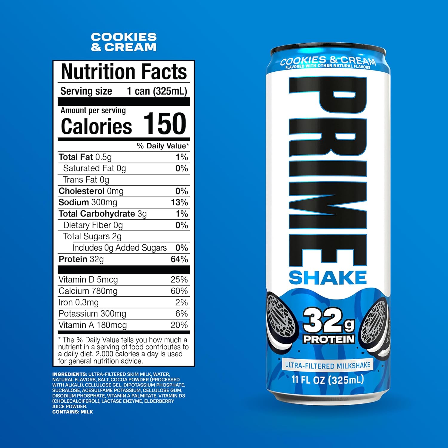 PRIME Cookies and Cream Protein Shake bottle close-up, lactose-free ready to drink