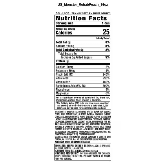 Monster Energy Rehab Peach Tea + Energy - 15.5 Oz., (12 Pack)