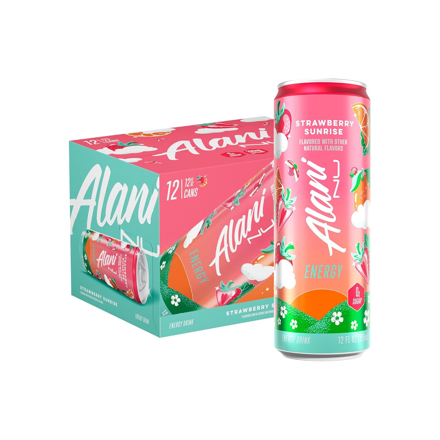 Alani Nu STRAWBERRY SUNRISE Sugar Free, Low Calorie Energy Drinks, 12 Fl Oz Cans, 12 Pack