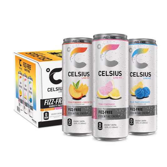 CELSIUS Fizz Free Variety Pack 12-pack, 12oz cans, Pink Lemonade Peach Mango Green Tea Blue Razz Lemonade