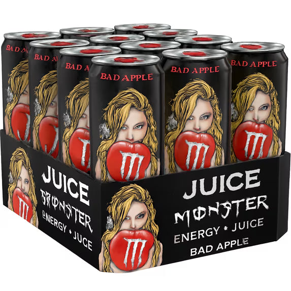 Juice Monster Bad Apple Juice + Energy Drink, 16 fl oz Cans, 12 Pack