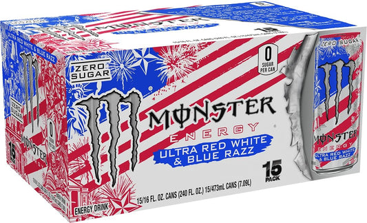 Monster Energy Ultra Red White & Blue Razz, Sugar Free Energy Drink, 16 Ounce (Pack of 15)