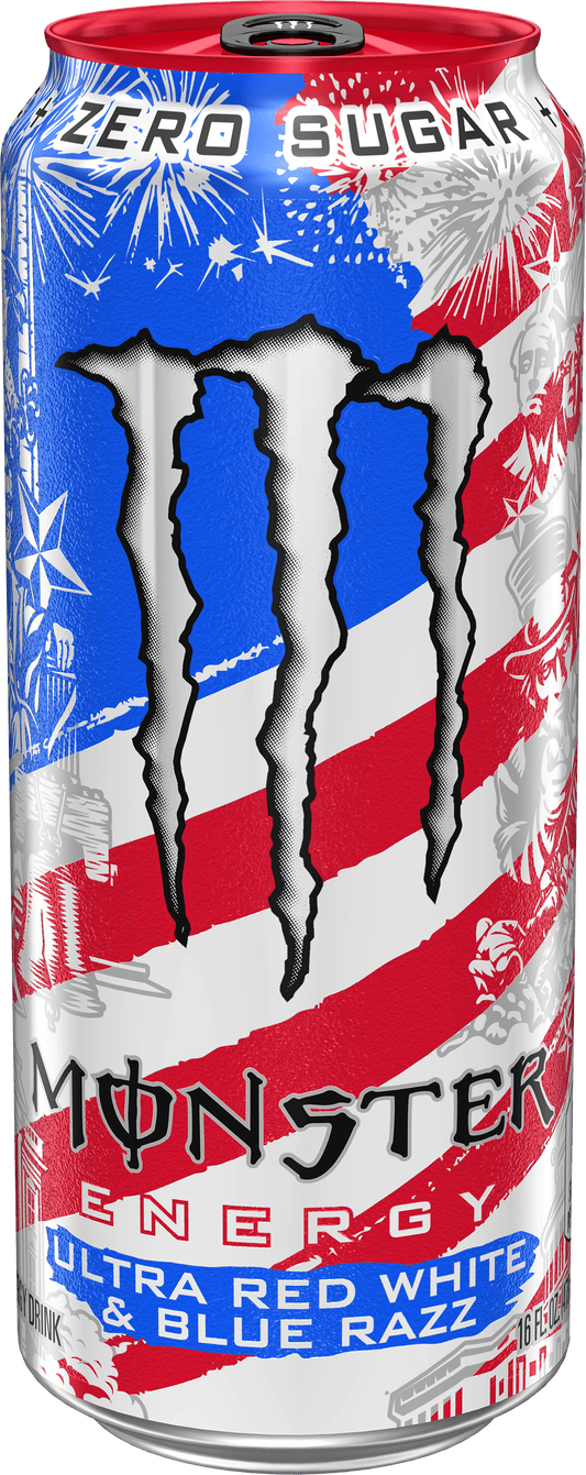 Monster Energy Ultra Red White and Blue Razz 16 oz can - sugar free blue raspberry energy drink, pack of 15