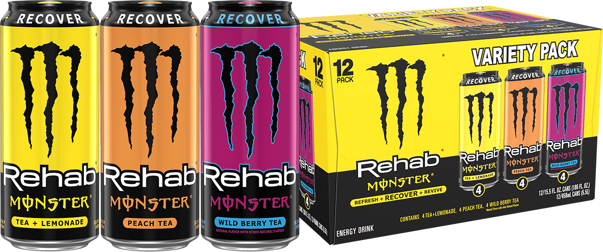 Monster Energy Rehab LPWBT variety pack 15.5 oz can - Lemonade, Peach Tea and Wild Berry Tea energy iced tea, pack of 15